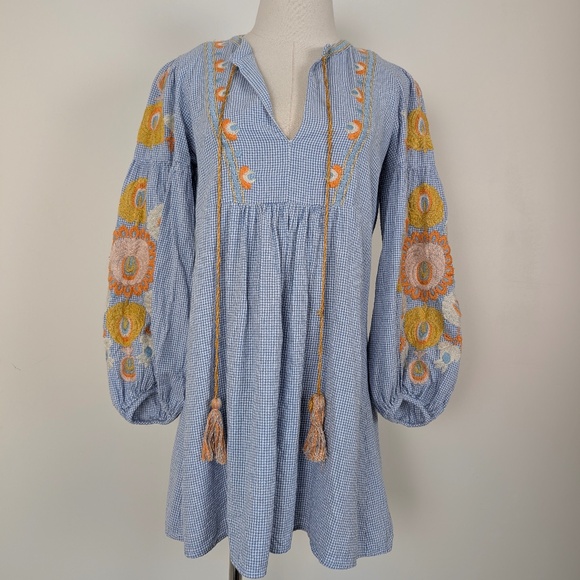 Zara Women Gingham Embroidered Mini Dress Long Sleeve Tassels Lantern Sleeve - Picture 6 of 15